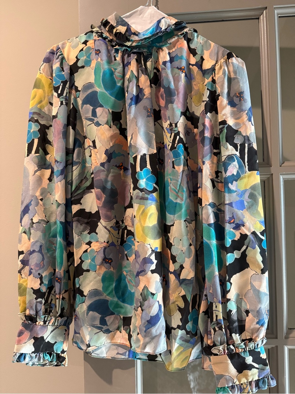 Emanuel Ungaro Multi-Color Floral Ruffle-Neck Blouse